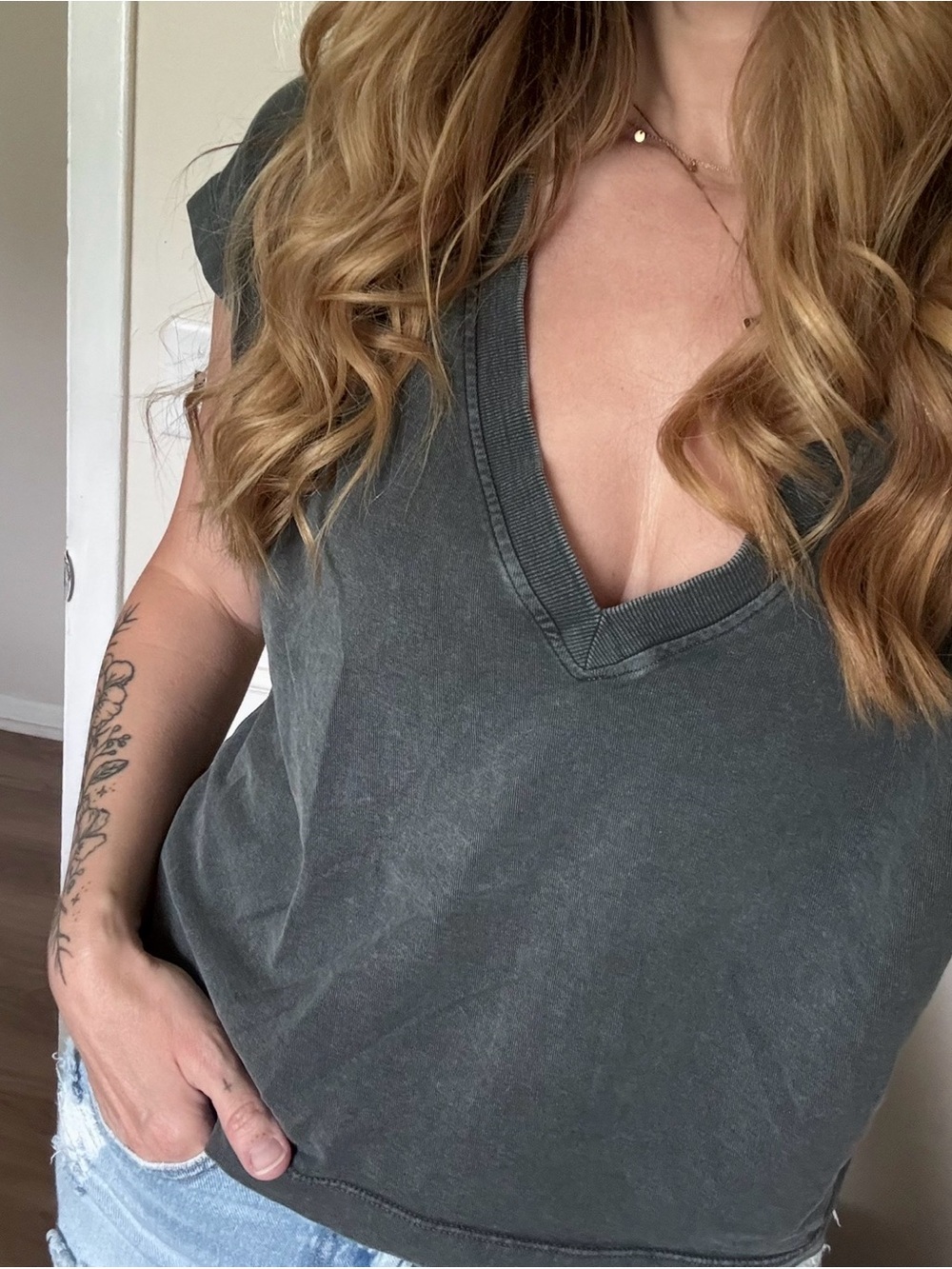 Zara deep V tee gray v-neck  boxy tee M L